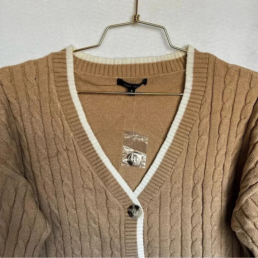 Cardigan Sweater Cable Knit Oversized Boxy Cropped Khaki Brown Long Sleeve Cozy - Picture 7 of 8